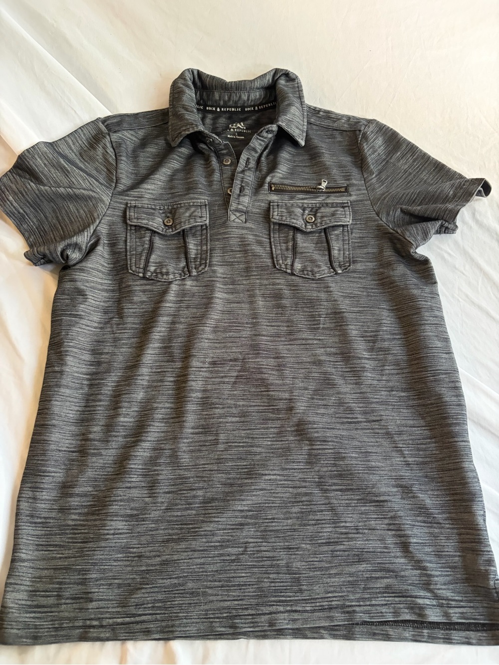 Rock & Republic Men's Charcoal Grey Short-Sleeve Polo with Chest Pockets Size Sm